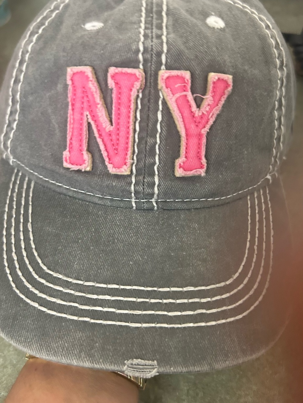 💗 Y2K NY Pink Patch Distressed Gray adjustable Baseball Cap